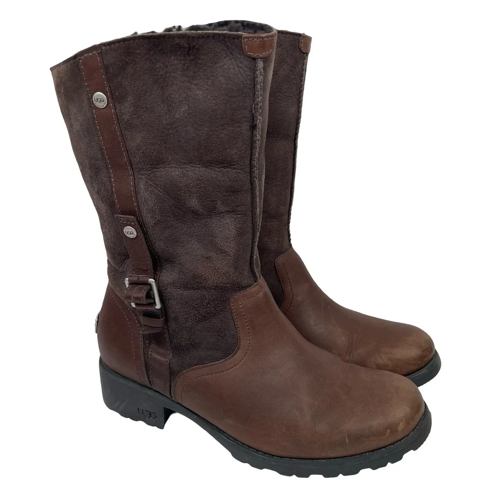 UGG Australia Bellevue Moto Boots Women 9.5 Brown Leather Suede Shearling Biker